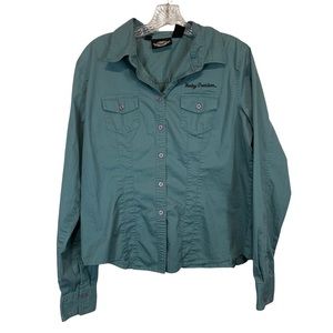 Harley Davidson Sage Green Button Down Embroidered Shirt Size Woman's XL